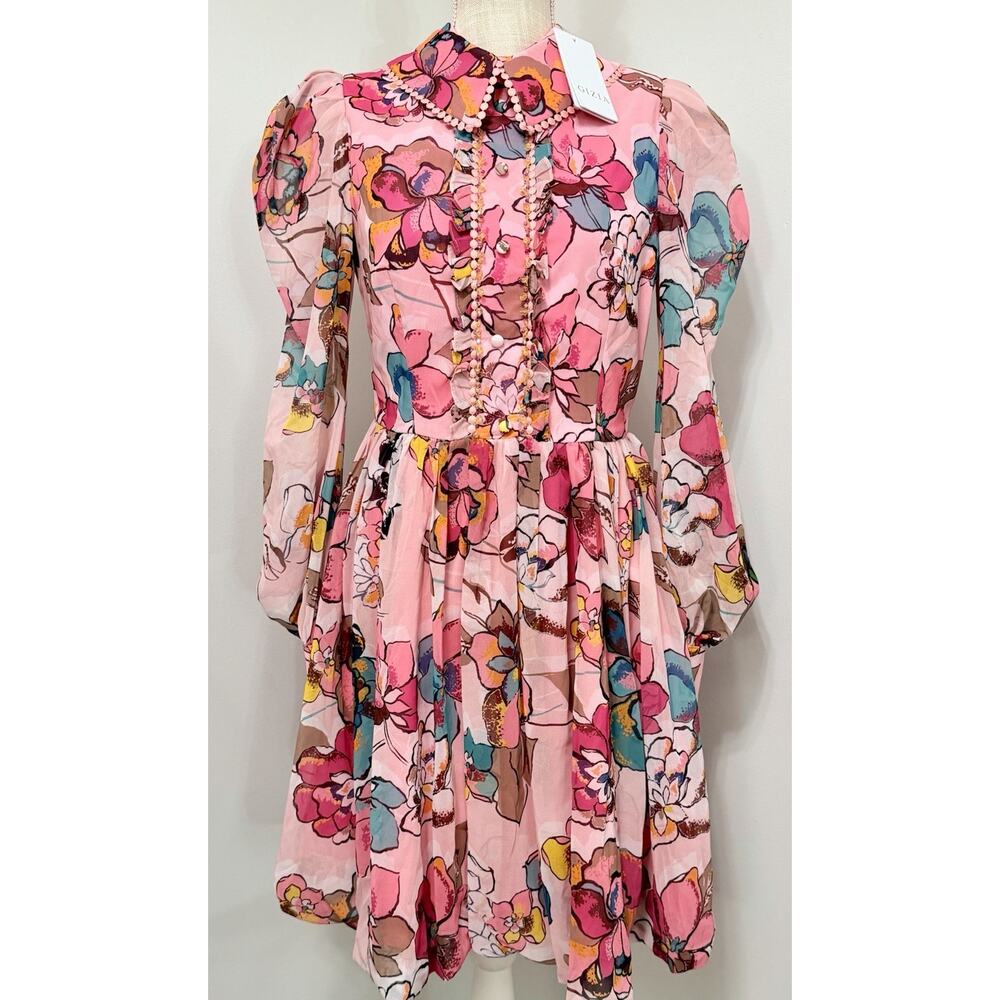 NEW Gizia Beaded Chiffon Mock Neck Midi Pink Floral M5F059 Size 36 Small Turkey
